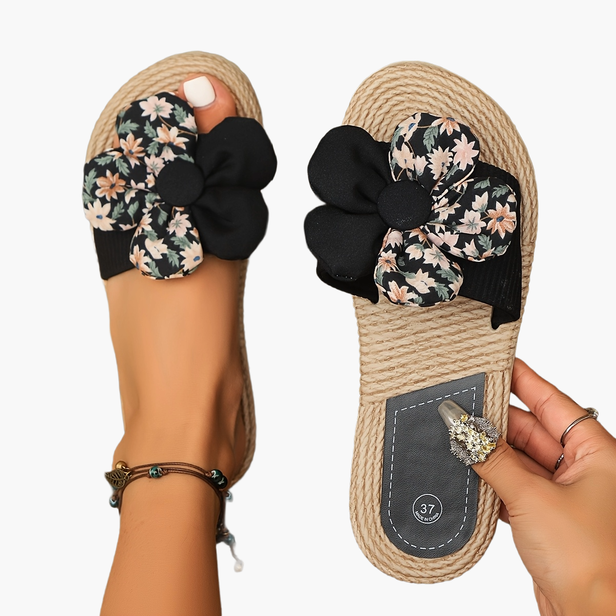 Damskie letnie klapki z aplikacją kwiatową – modne espadryle na co dzień i na wakacje