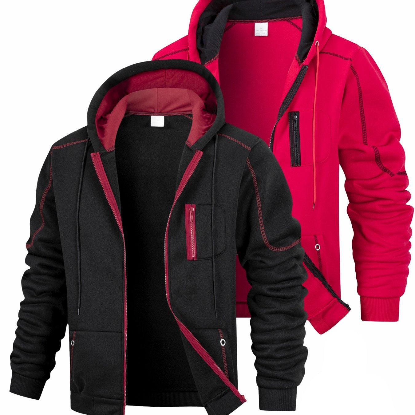 2er Pack Herren Kapuzenjacke Reißverschluss, gefüttert, Kontrastnähte