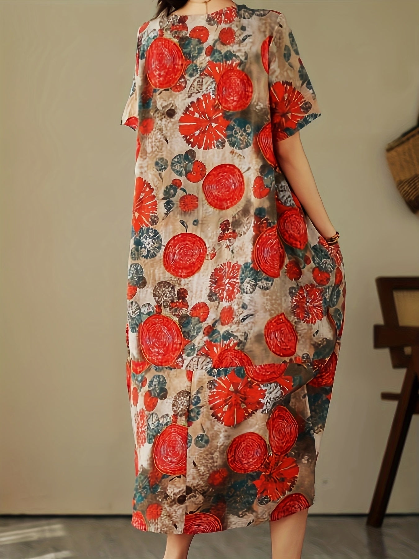Damska sukienka casual z geometrycznym i botanicznym wzorem, oversize, z krótkim rękawem, swobodna
