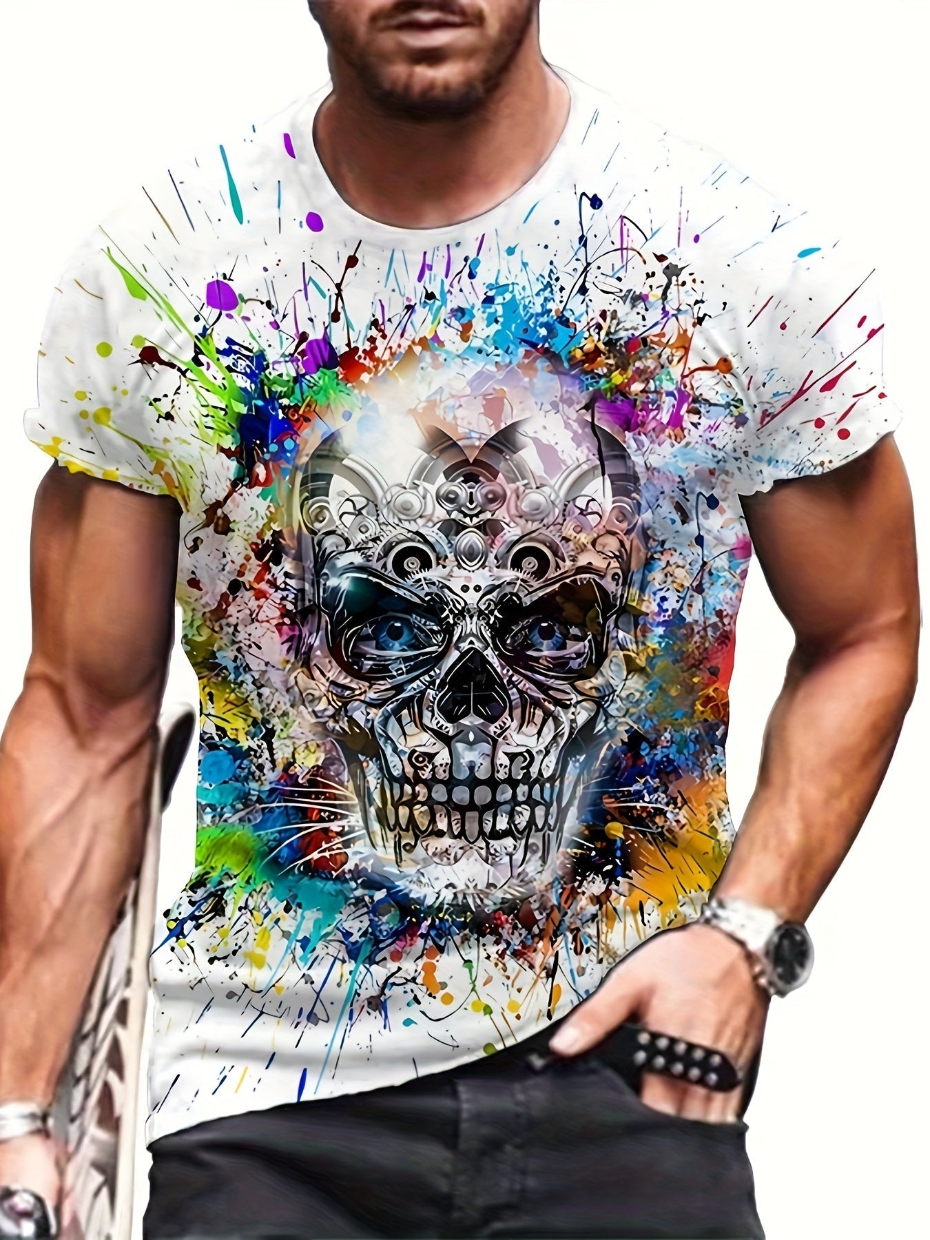 Herre T-shirt med dødningehovedprint og farvesprøjt – Urban streetwear-stil, kortærmet, store størrelser