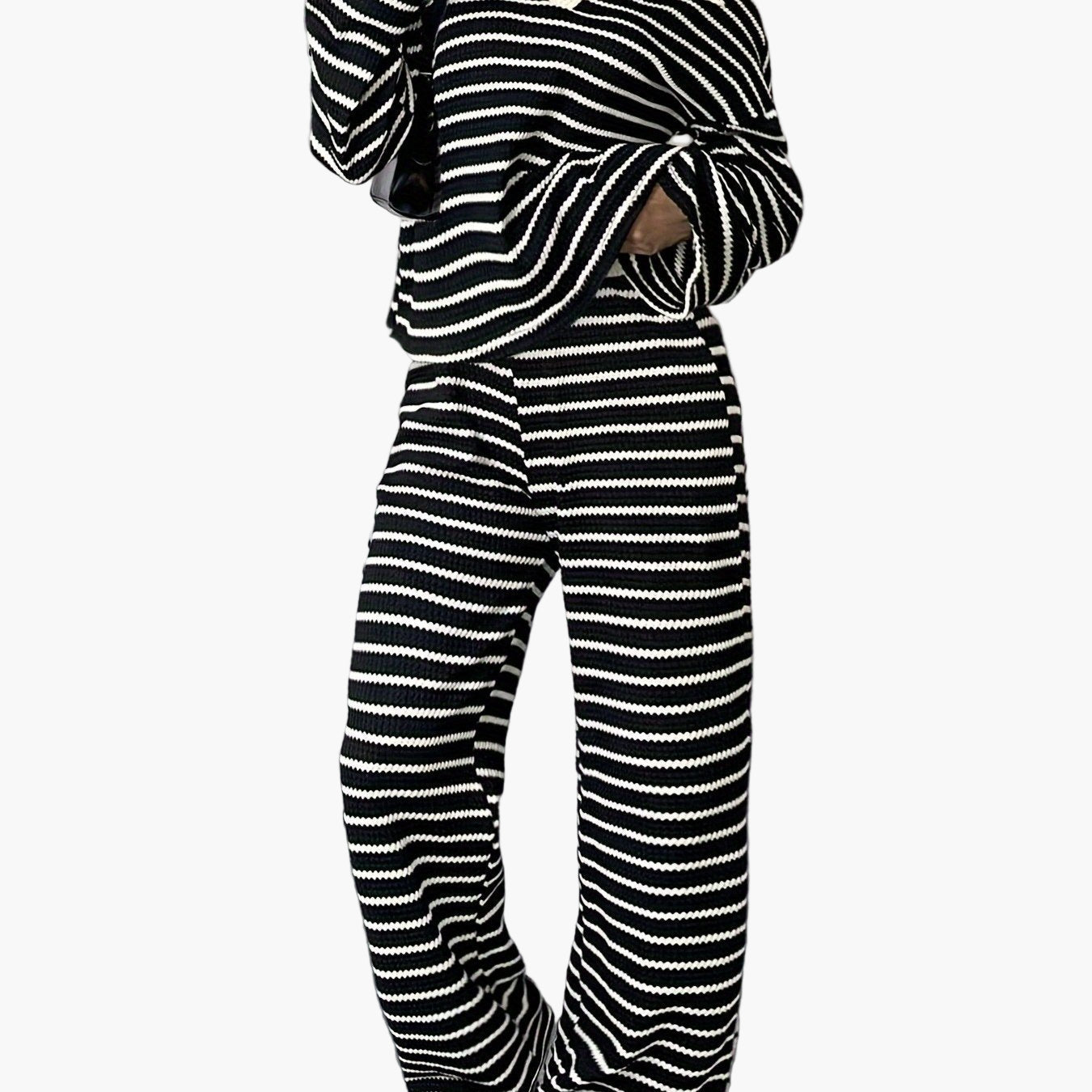 Dame Strik Todelt Sæt Elegant Stribet Løs fritidslook til efterår/vinter