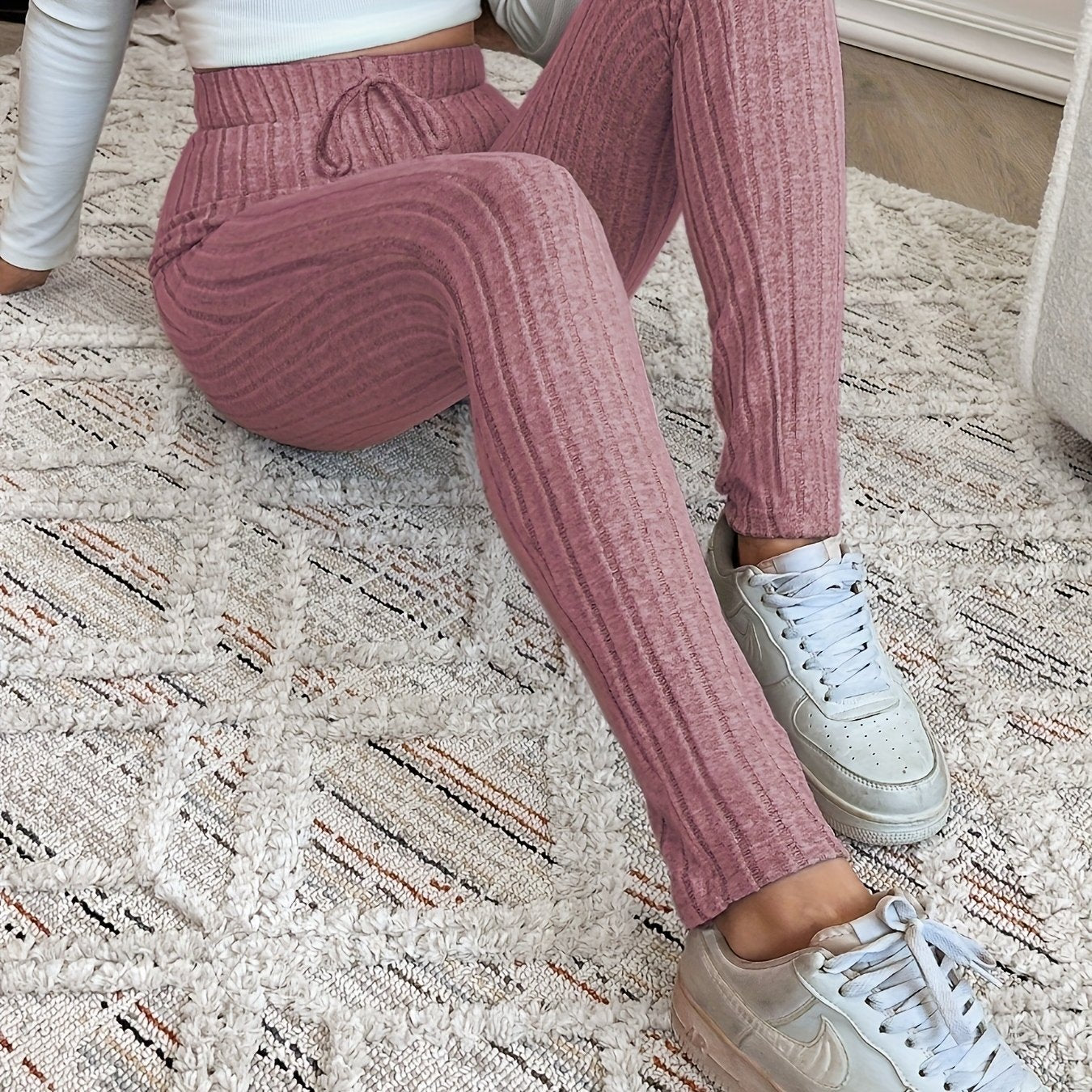 Damen Gerippte Strickhose mit Kordelzug Hoher Bund Braun