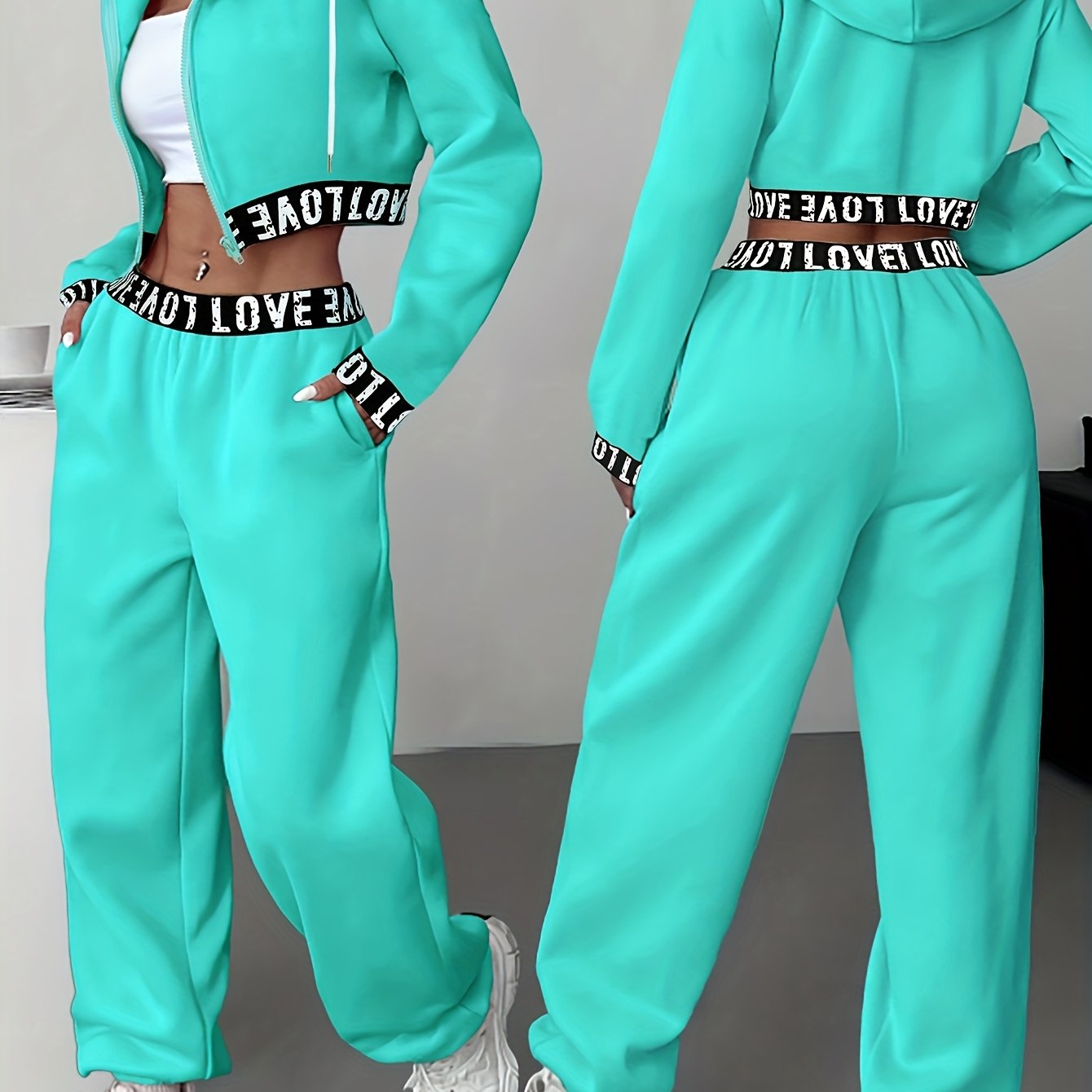 Conjunto deportivo de dos piezas para mujer, con sudadera corta con capucha y pantalón, banda con la inscripción «LOVE»