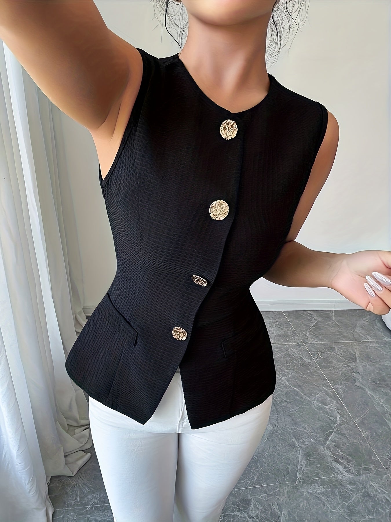 Dam Elegant ärmlös blus med knapprad – Perfekt för kontor och vardag