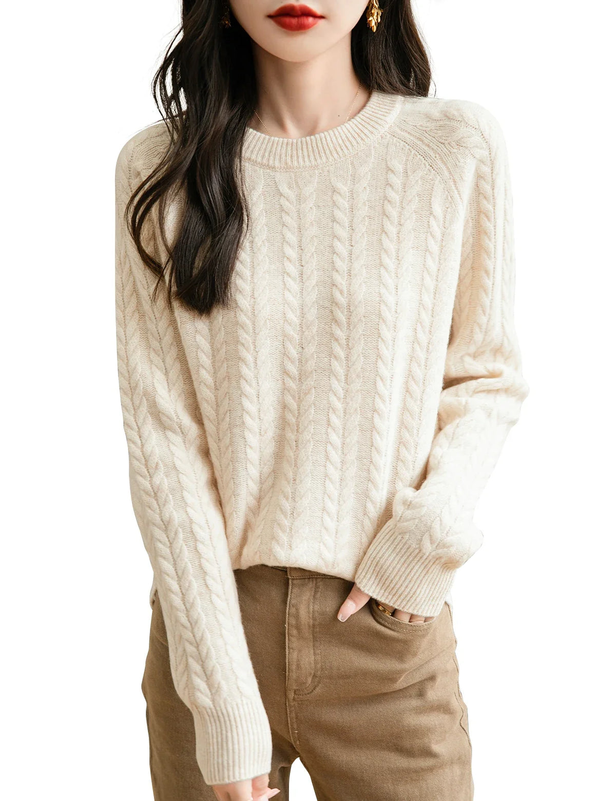 Maglione da donna con motivo a trecce, collo rotondo, maniche lunghe, lavorato a maglia