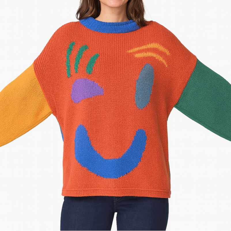 Jersey de punto con motivo abstracto de rostro para mujer – Look cómodo para fines de semana y tiempo libre