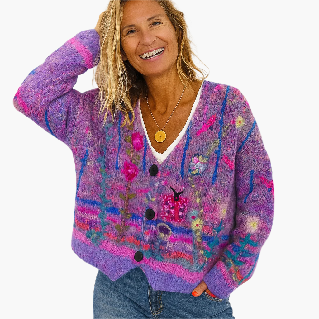 Dame strikcardigan i boho-stil med blomsterdetaljer – Moderigtig cardigan til fritid og hverdag