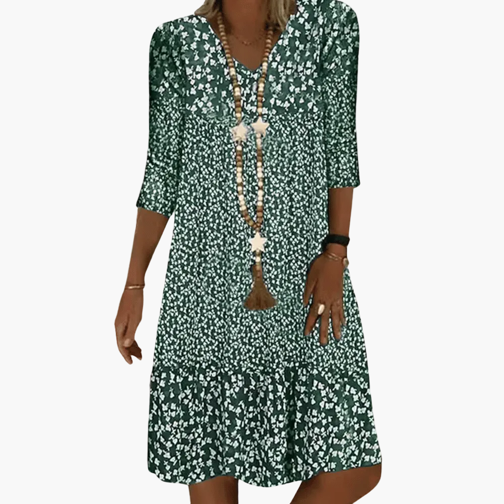 Damen Freizeitkleid mit Blumenmuster und 3/4-Ärmeln – Lockeres Sommerkleid für Alltag & Urlaub