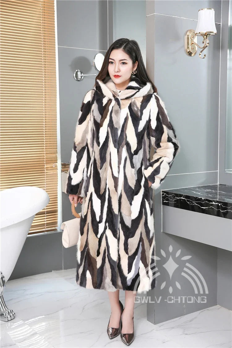 Cappotto da donna con cappuccio, motivo chevron multicolore, giacca invernale lunga