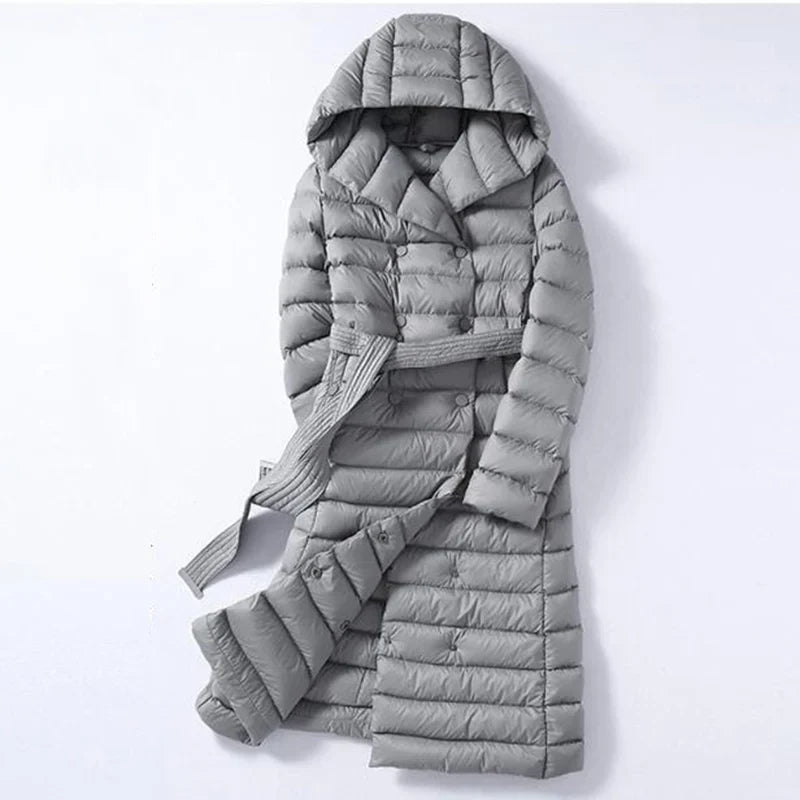 Damen Steppmantel mit Kapuze und Gürtel, lang, Schwarz