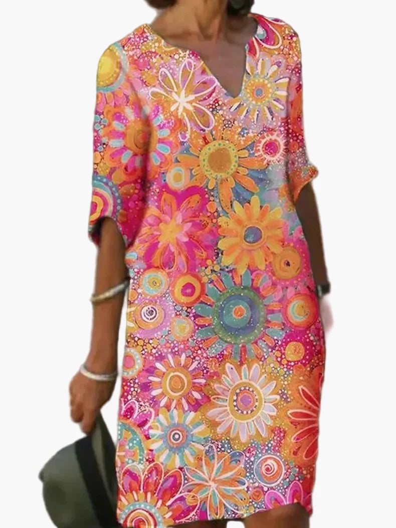 Damen Freizeitkleid mit V-Ausschnitt und floralem Muster – Sommerkleid im Boho-Stil für Alltag & Urlaub