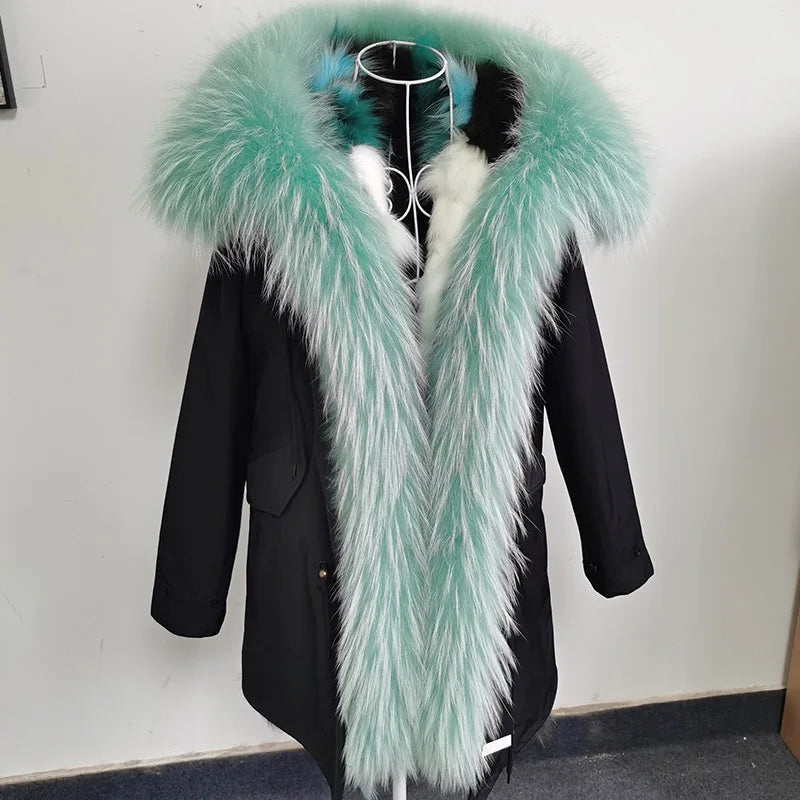 Parka de invierno para mujer con ribete de piel sintética extraíble, chaqueta cálida