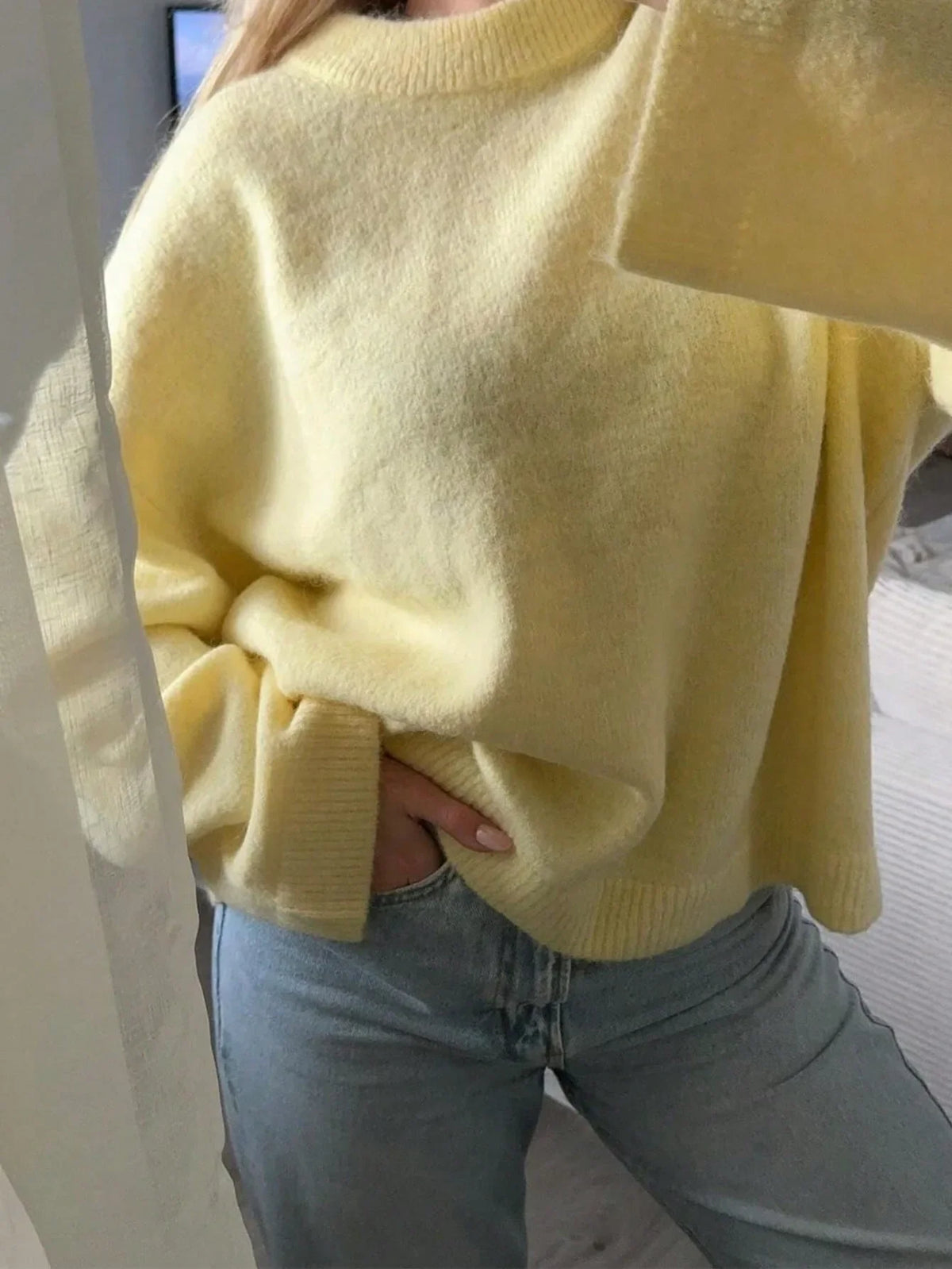 Maglione da donna giallo chiaro, lavorato a maglia, girocollo, maniche oversize