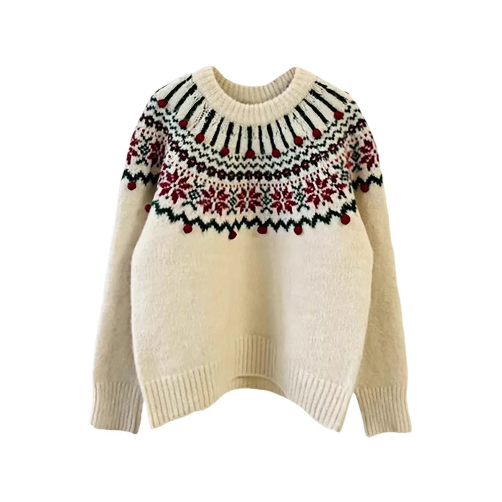 Strikpullover til damer med Fair Isle-mønster, rund hals, rød og cremefarvet