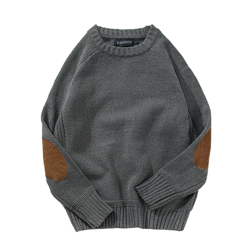 Pullover da uomo in maglia con scollo rotondo e toppe sui gomiti