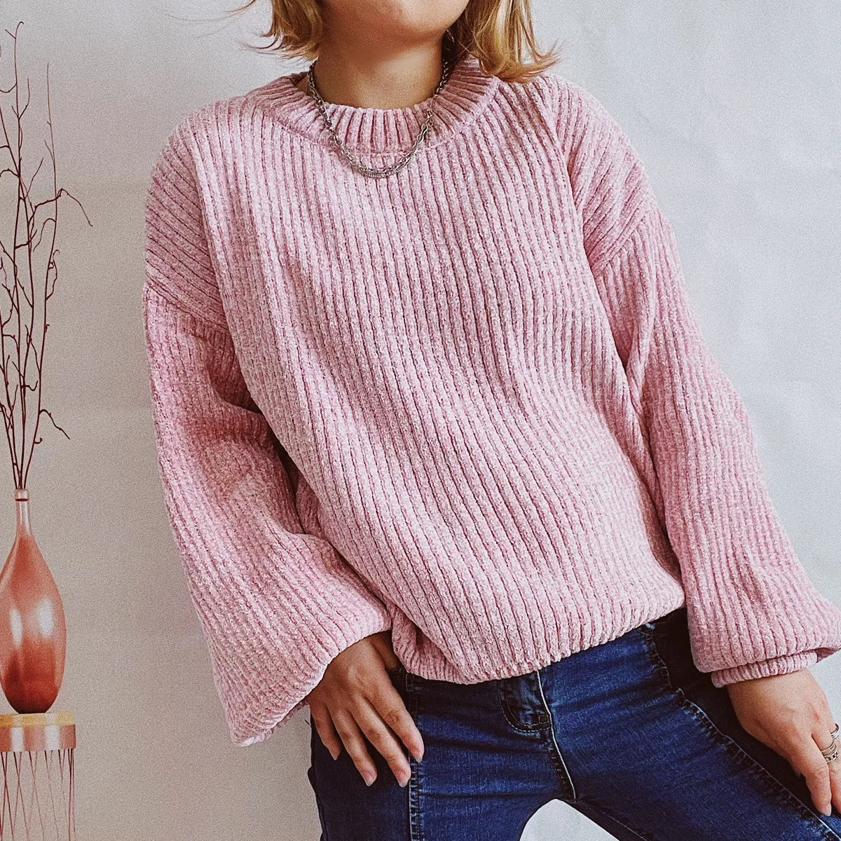 Gerippter Pullover Damen Weicher Rundhals Strickpullover Lange Ärmel