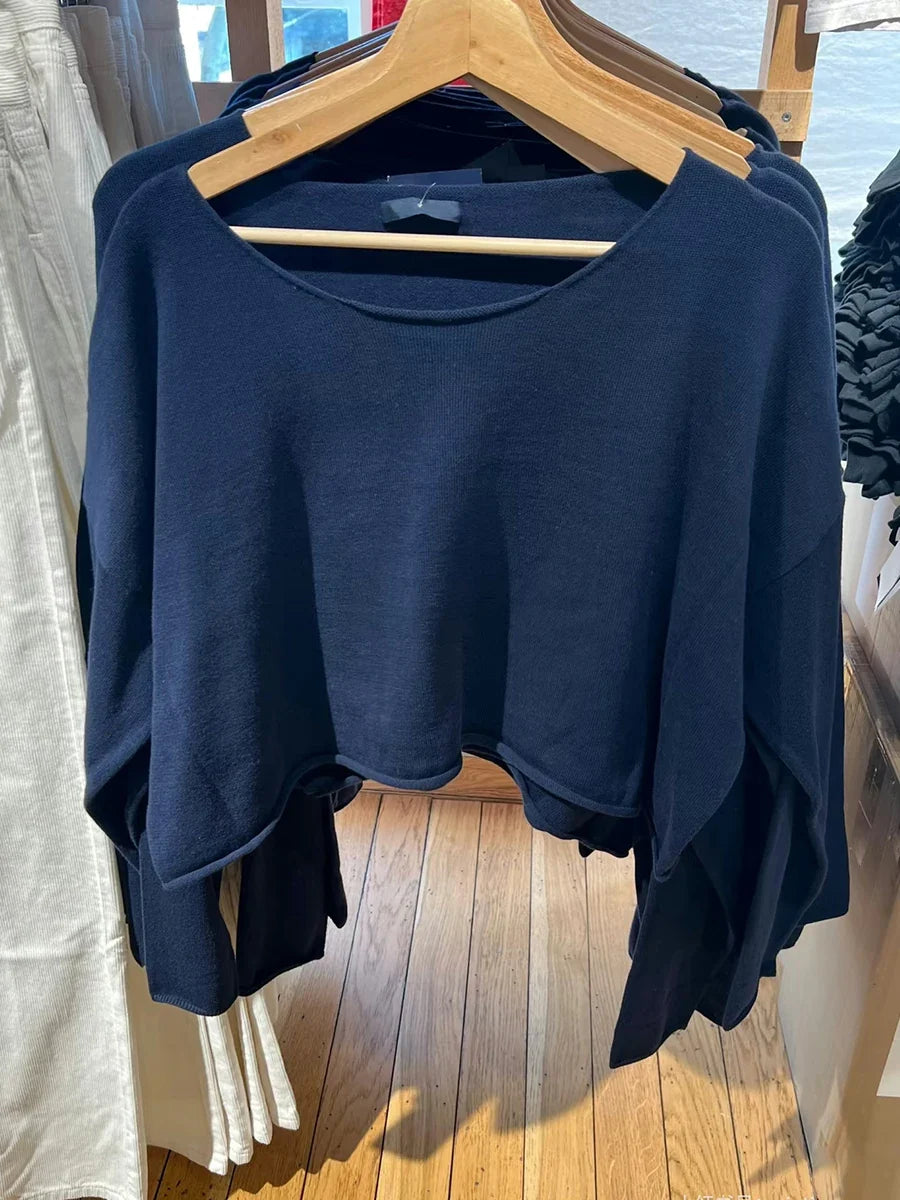 Damen Cropped Pullover Weit Geschnitten Langarm U-Boot-Ausschnitt