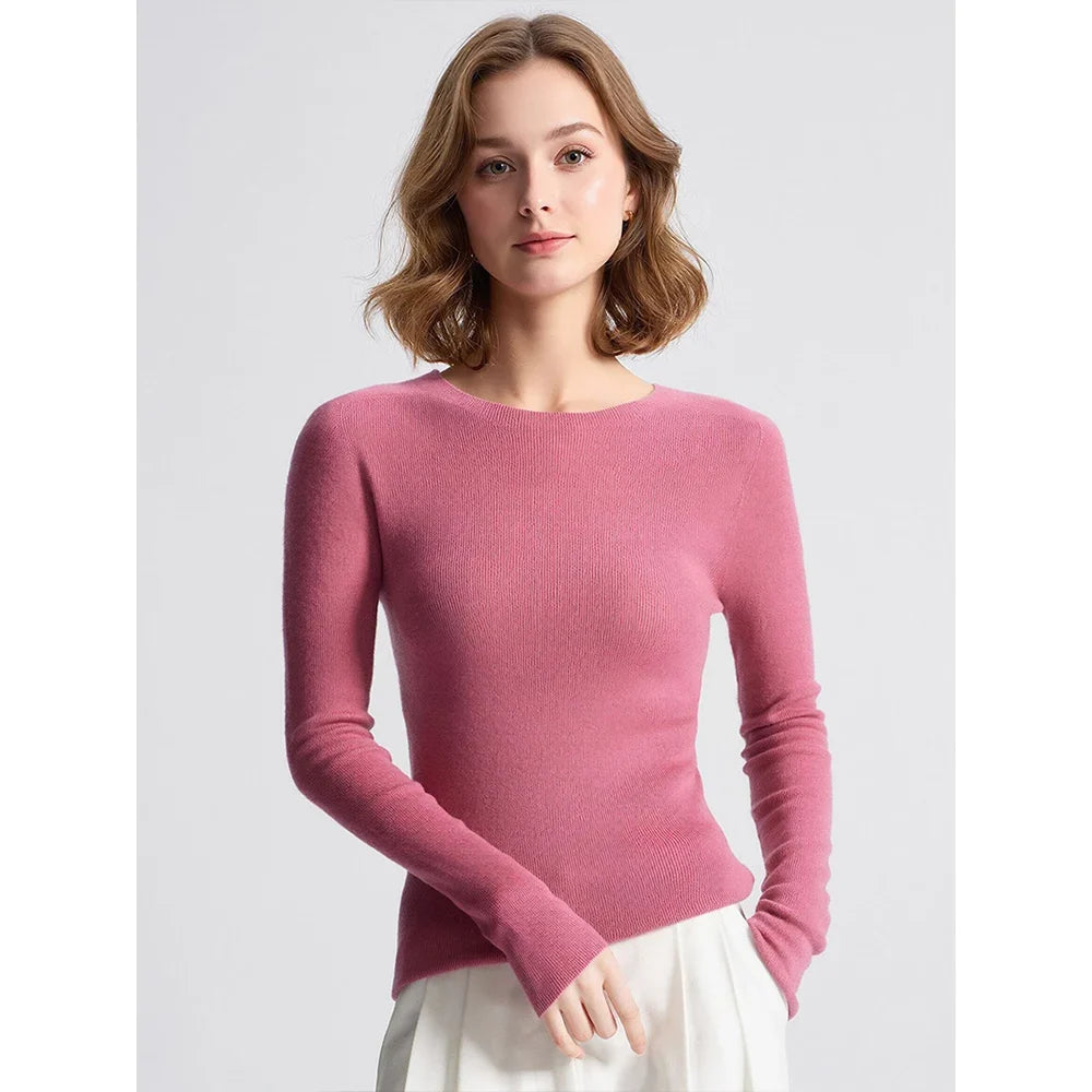Damen Langarm Pullover Rundhals Rippstrick Optik Slim Fit