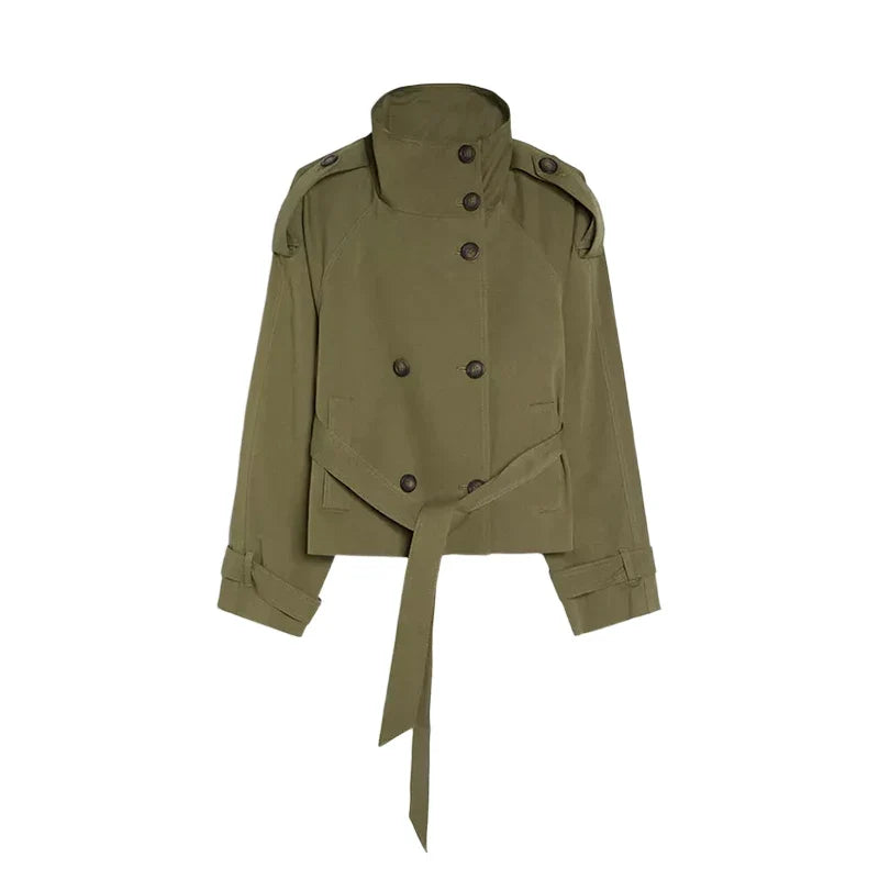 Kurze Damen Trenchjacke mit Gürtel und Stehkragen