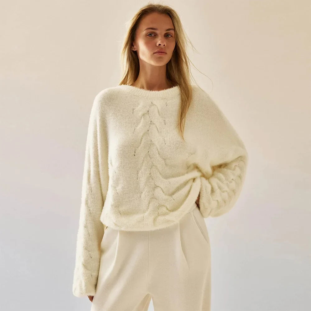 Pull pour femme à coupe ample, motif torsadé, texture duveteuse