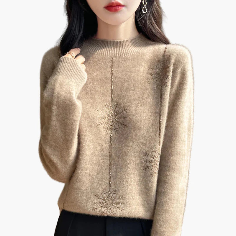 Damen Pullover mit Stehkragen und Strass-Verzierung – Eleganter Winterpullover für Alltag und Büro
