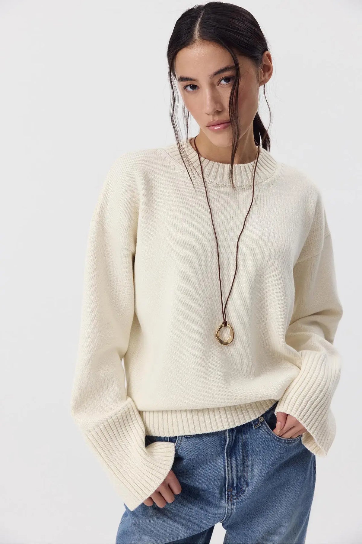 Damestrikpullover med rund hals, oversize, lange ærmer