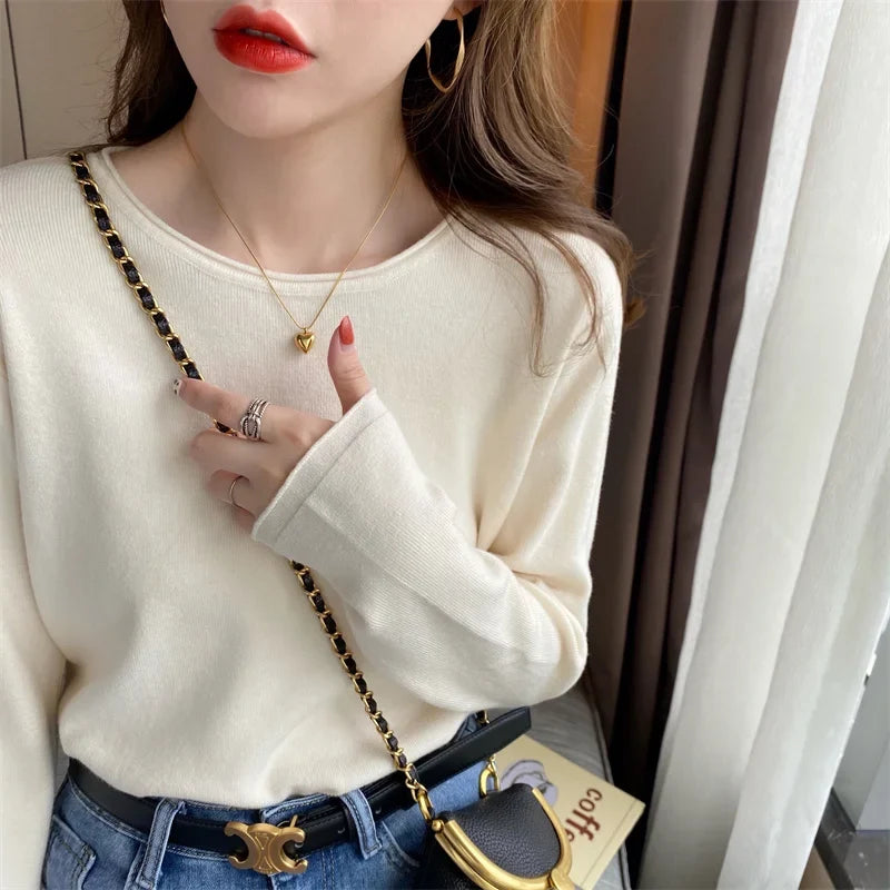 Maglia da donna a maniche lunghe, girocollo, pullover basic, top in maglia fine in vari colori