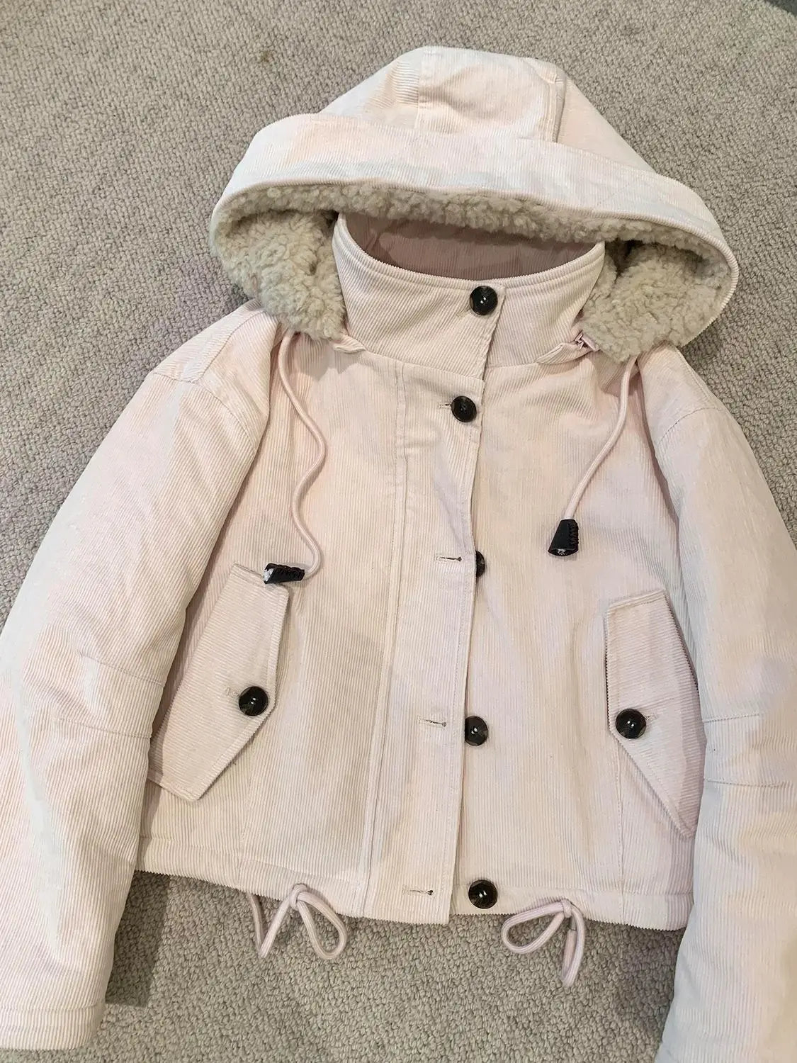 Giacca da donna effetto velluto a coste con cappuccio, foderata Beige