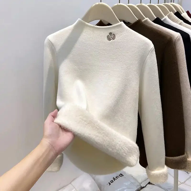Damen Half-Rollkragen Pullover mit Plüschfutter Langarm