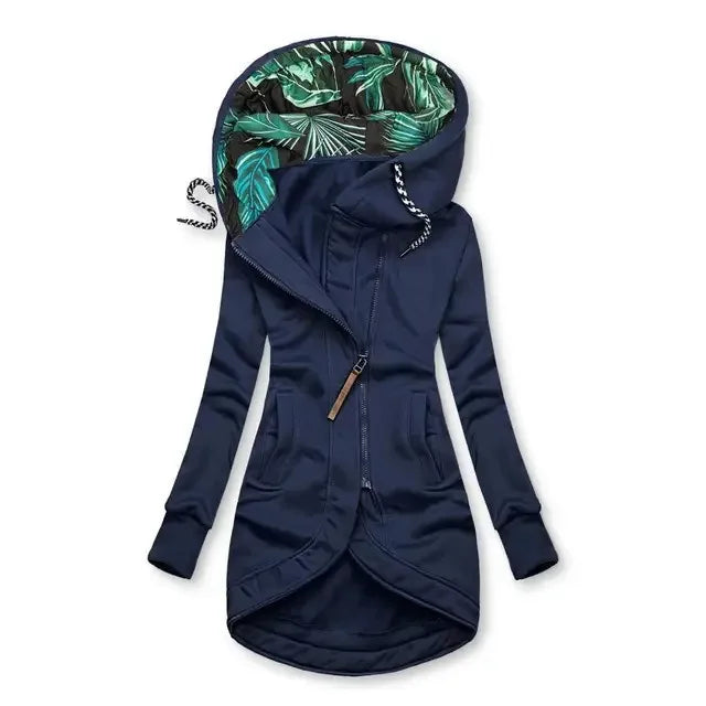 Chaqueta sudadera de manga larga para mujer con cremallera diagonal y capucha estampada