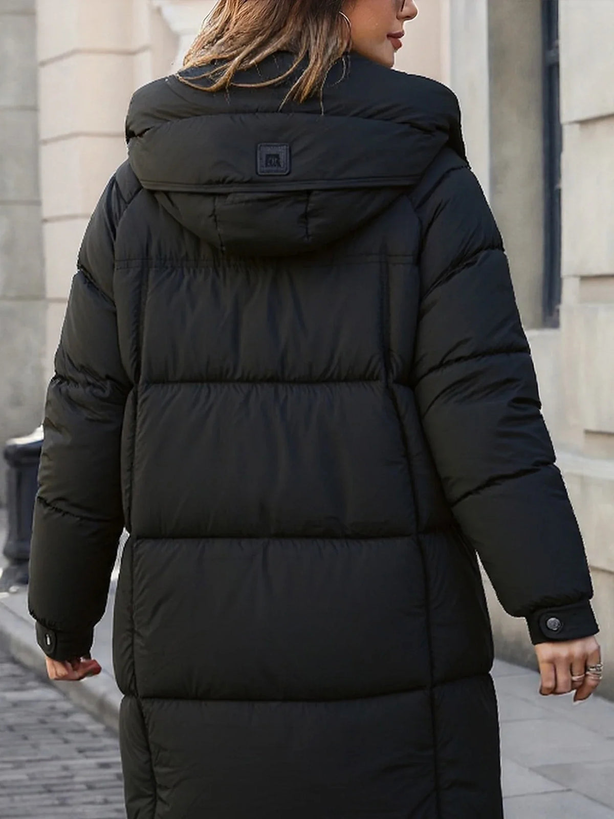 Abrigo acolchado largo para mujer con capucha, negro