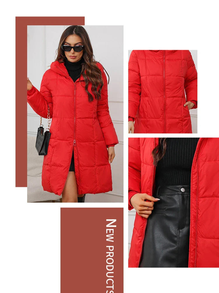 Abrigo de invierno acolchado para mujer con capucha – Abrigo outdoor largo y de moda para el día a día y tiempo libre