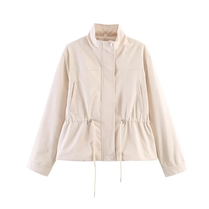Chaqueta corta de mujer con cuello alto y cintura ajustable con cordón - chaqueta de entretiempo informal