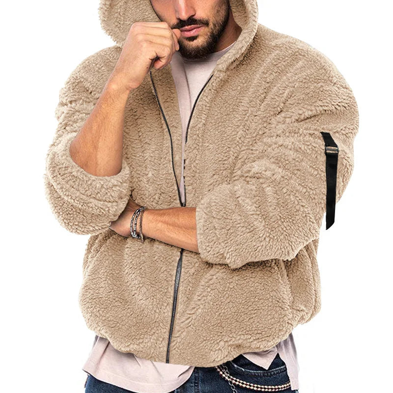 Giacca con cappuccio da uomo in pile teddy con cerniera - Calda e soffice