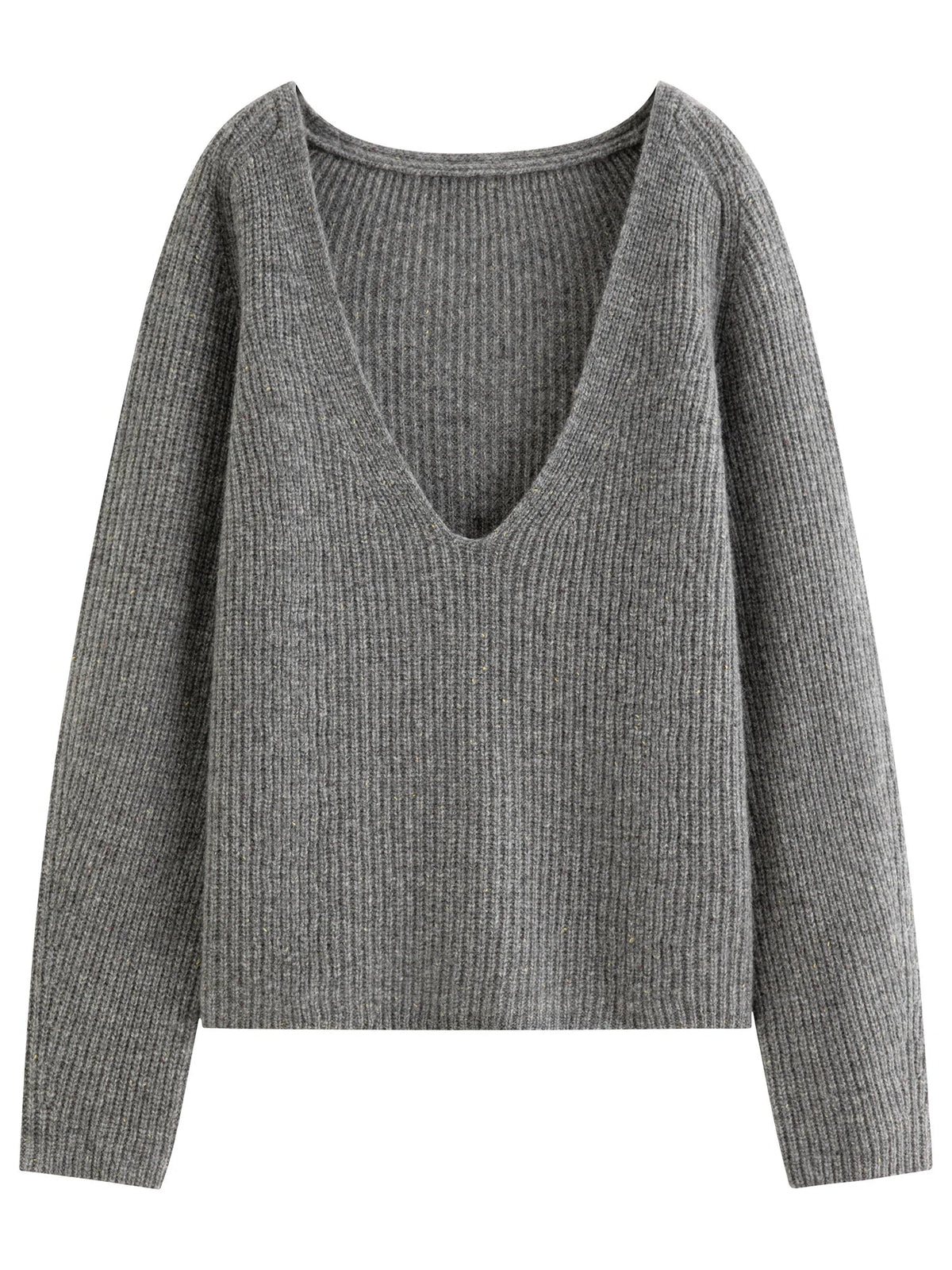 Dame-strikpullover med dyb V-hals, ribstrik, lange ærmer, meleret