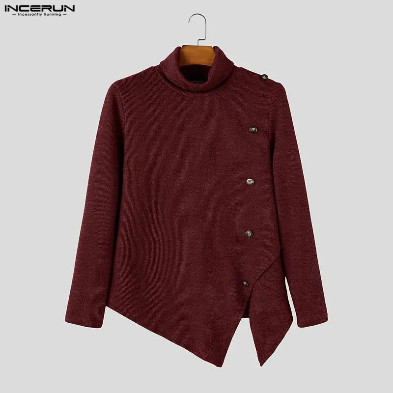 Herren Rollkragenpullover Asymmetrischer Strickpullover mit Knöpfen