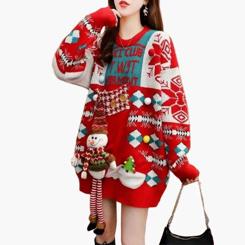 Robe-pull moche de Noël pour femme – Pull de Noël amusant avec bonhomme de neige 3D