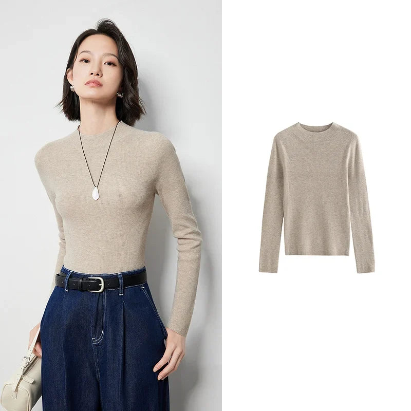 Pullover da donna a maniche lunghe, dal taglio aderente, con collo alto e top basic in maglia