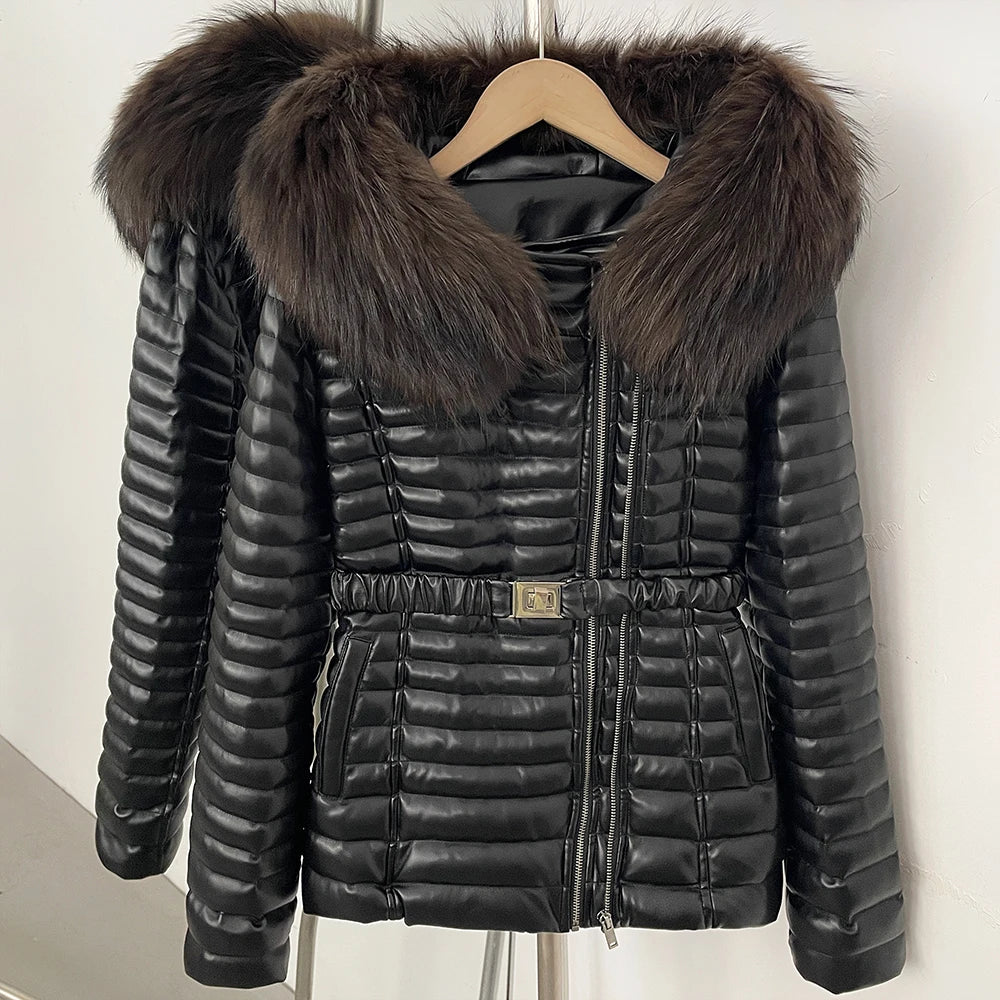 Damen Steppjacke mit Kunstpelzkragen und Bindegürtel Schwarz