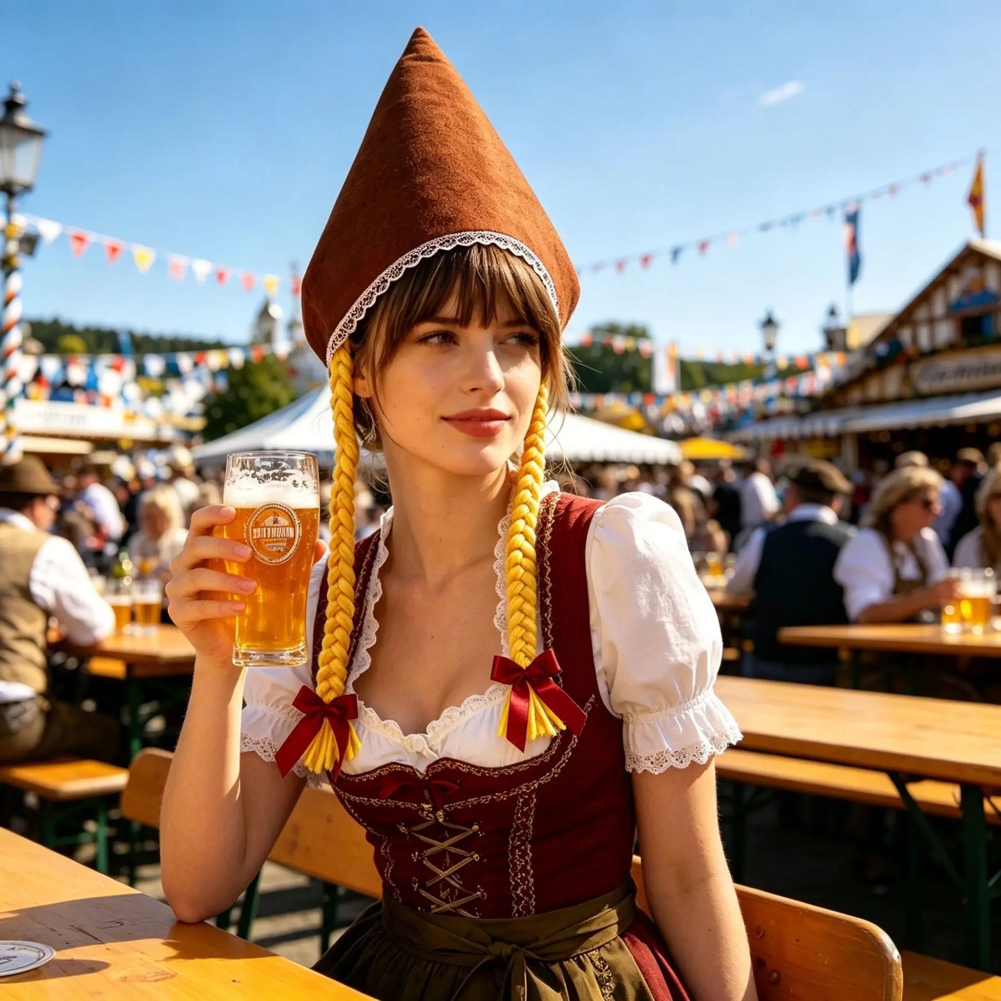 Dirndl-kjole blå og rød med forklæde, bluse og snøreliv