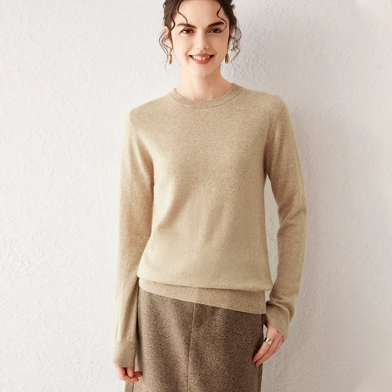 Pull femme à col rond et manches longues, maille fine, basique