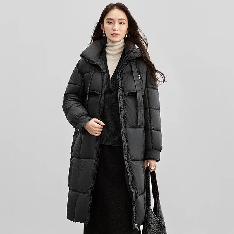 Lång vadderad vinterkappa för dam, varm fodrad parkas med huva