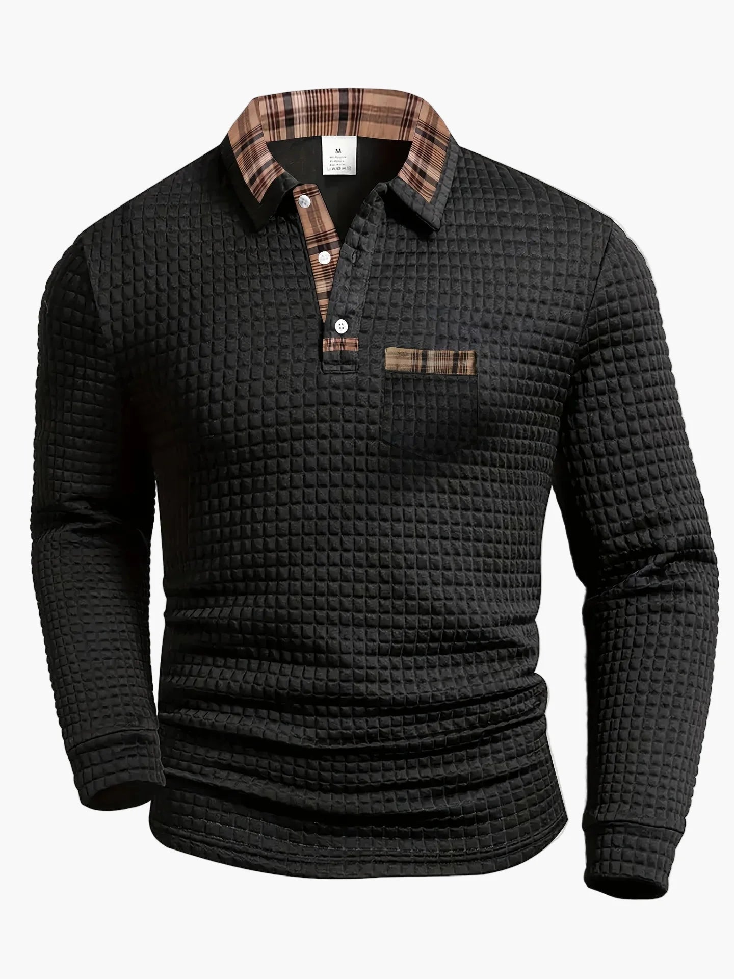 Polo de manga larga casual para hombre con detalles a cuadros – Patrón de gofre a la moda, ideal para día a día y oficina