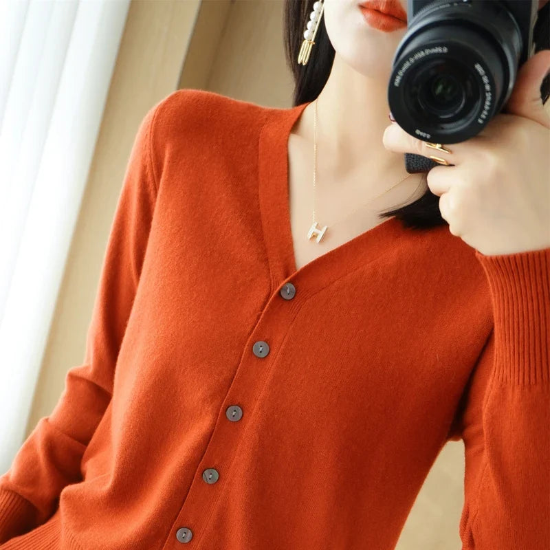 Damen Strickjacke V-Ausschnitt Knopfleiste Langarm Cardigan
