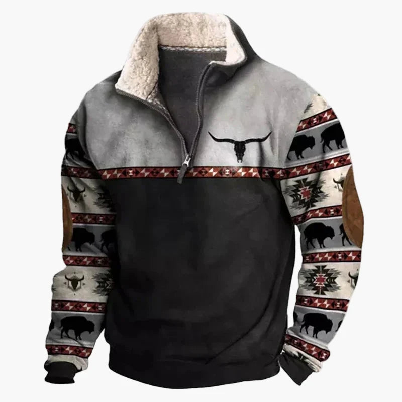 Herren Pullover im Western Ethno-Stil mit Viertelreißverschluss – Perfekt für Freizeit und Outdoor