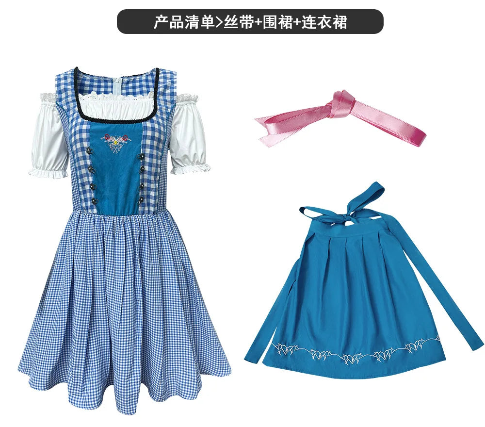 Damesdirndl blauw geruit en effen met schort, schoudervrij