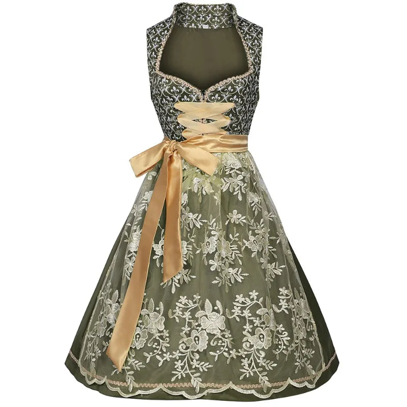 Damen Dirndl Kleid Grün mit Spitze und goldener Schürze