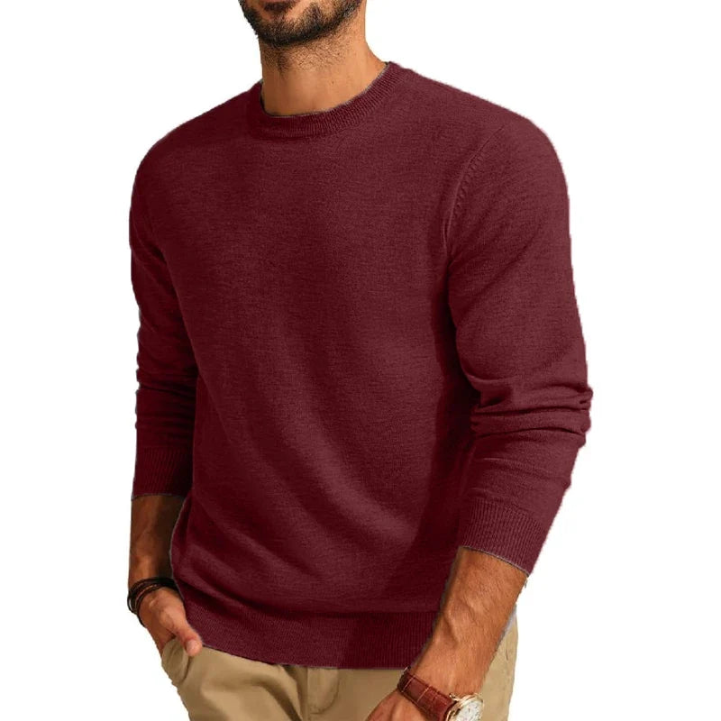 Herren Rundhals-Pullover in Weinrot – Einfarbiger Langarm-Strickpullover