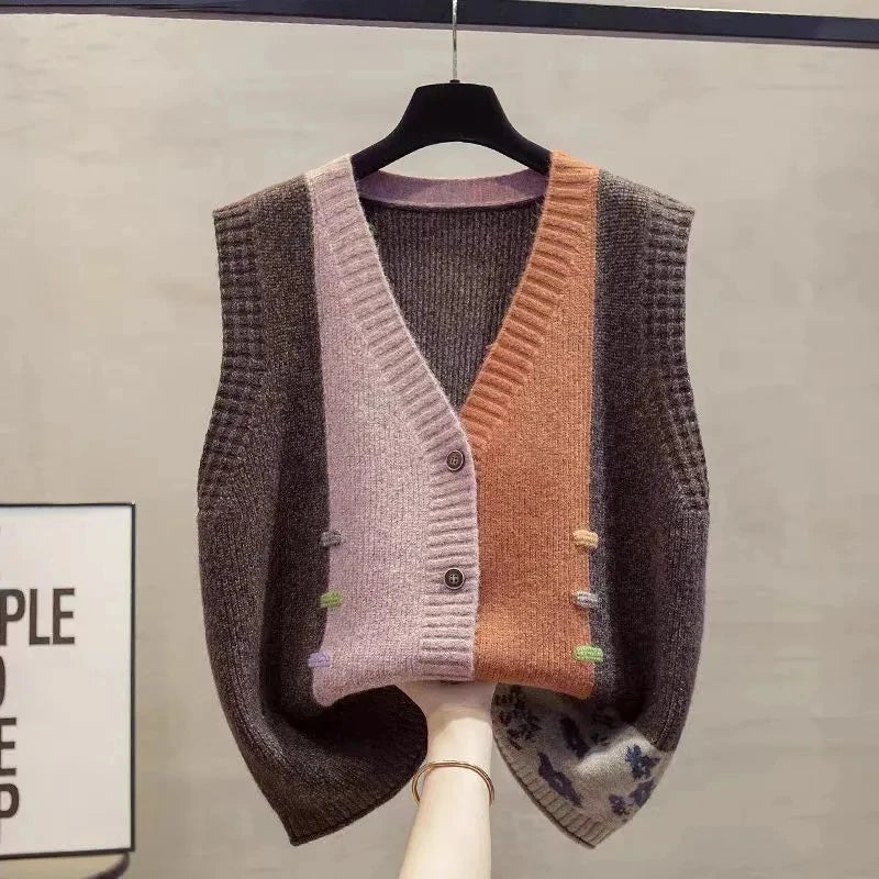 Gilet da donna in maglia con scollo a V, bordi a contrasto, con bottoni