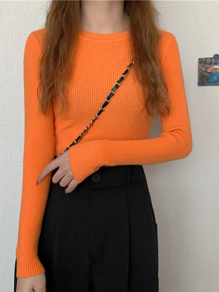 Ribstrikket langærmet pullover til damer med rund hals, top i forskellige farver